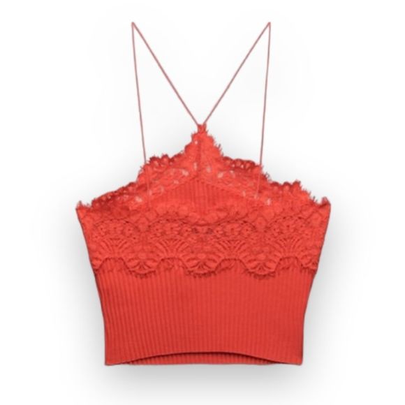 Zara Intense Red Lace Ribbed Halter Crop Top US Small - Picture 3 of 5